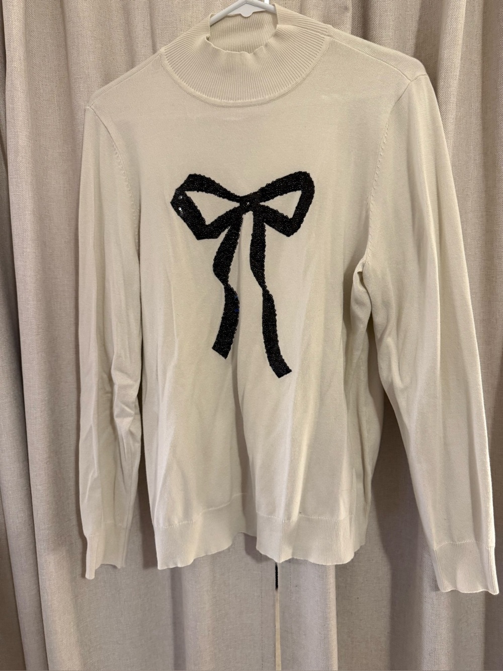 New York & Company Ivory Black Sequin Bow Mock Neck Sweater L